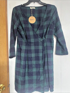essue Plaid Wrap Midi Dress in Blue & Green NWT